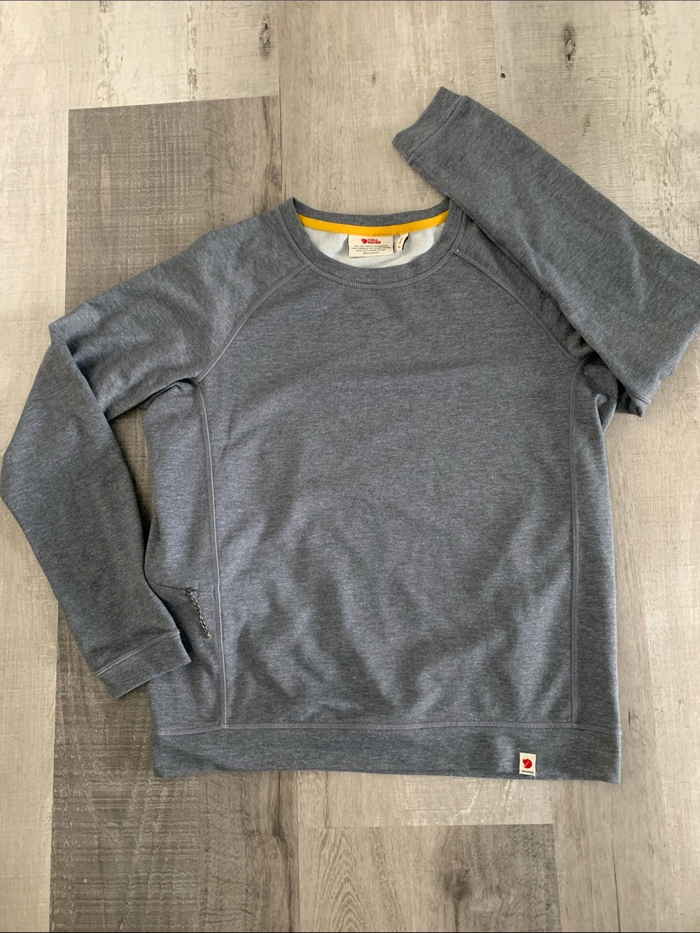 Fjallraven High Coast Lite Heather Gray Crewneck Sweatshirt Yellow Neck Trim